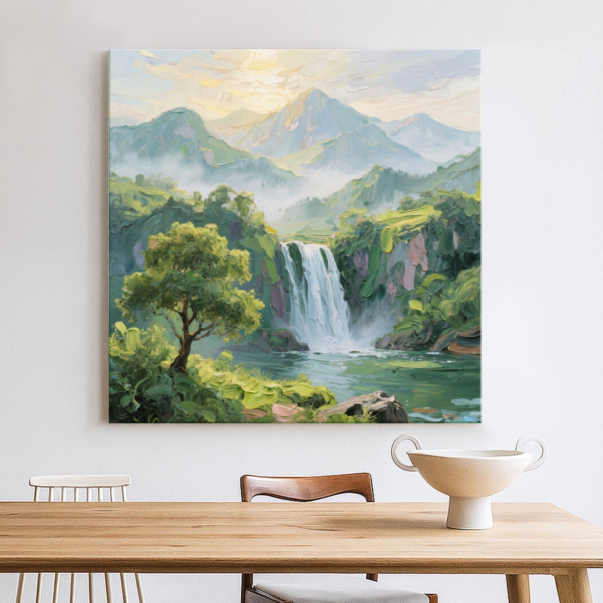 滝と山の風景油絵：質感のある自然のアートワーク - Etsy 日本