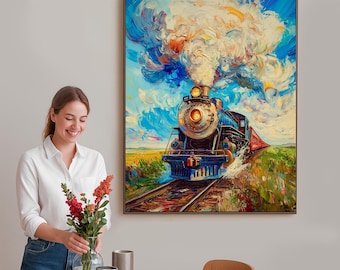 表現力豊かな蒸気機関車の絵画、印象派風の鮮やかなパレットナイフの