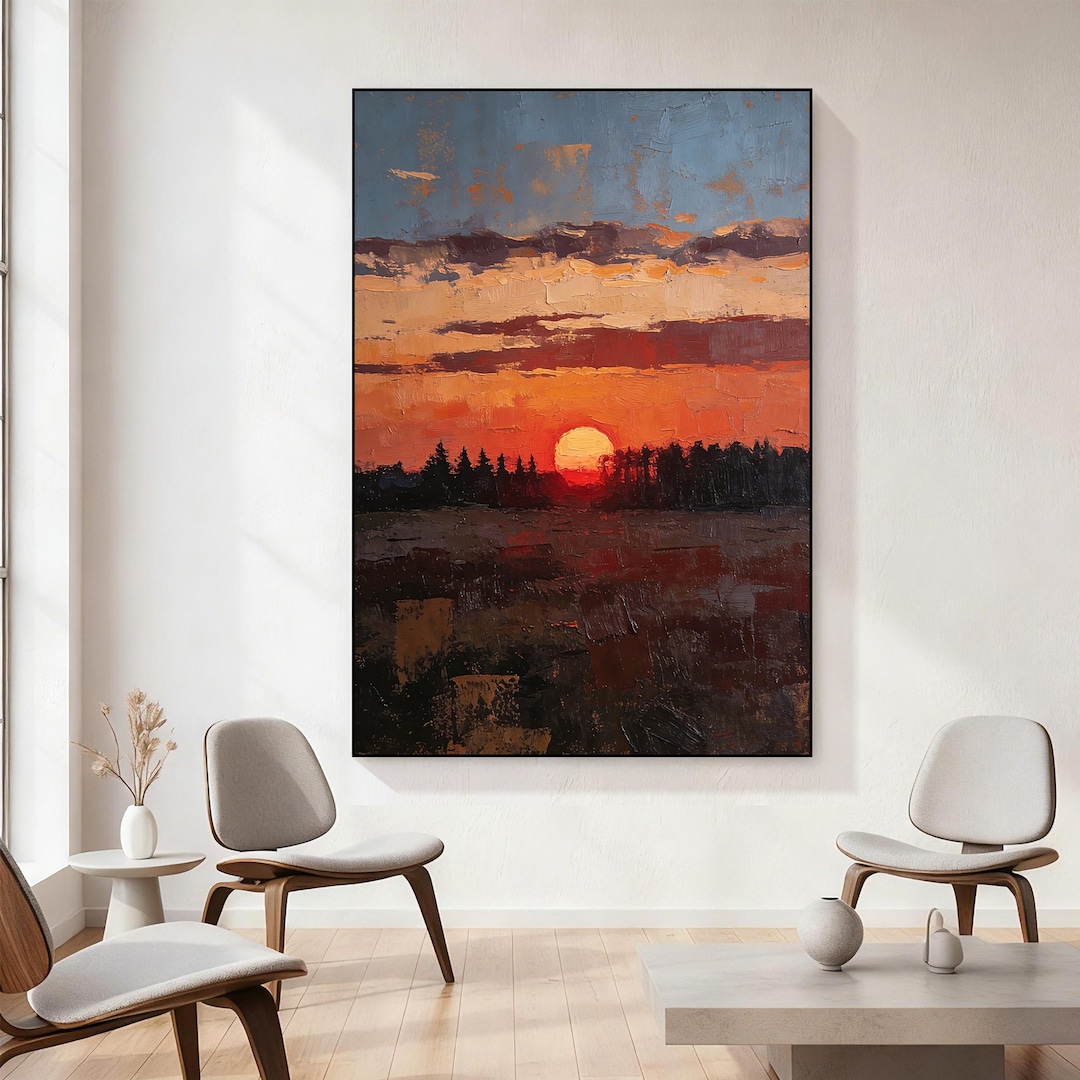 Original Sunset Landscape Oil Painting on Canvas – Textured Forest Wall ...