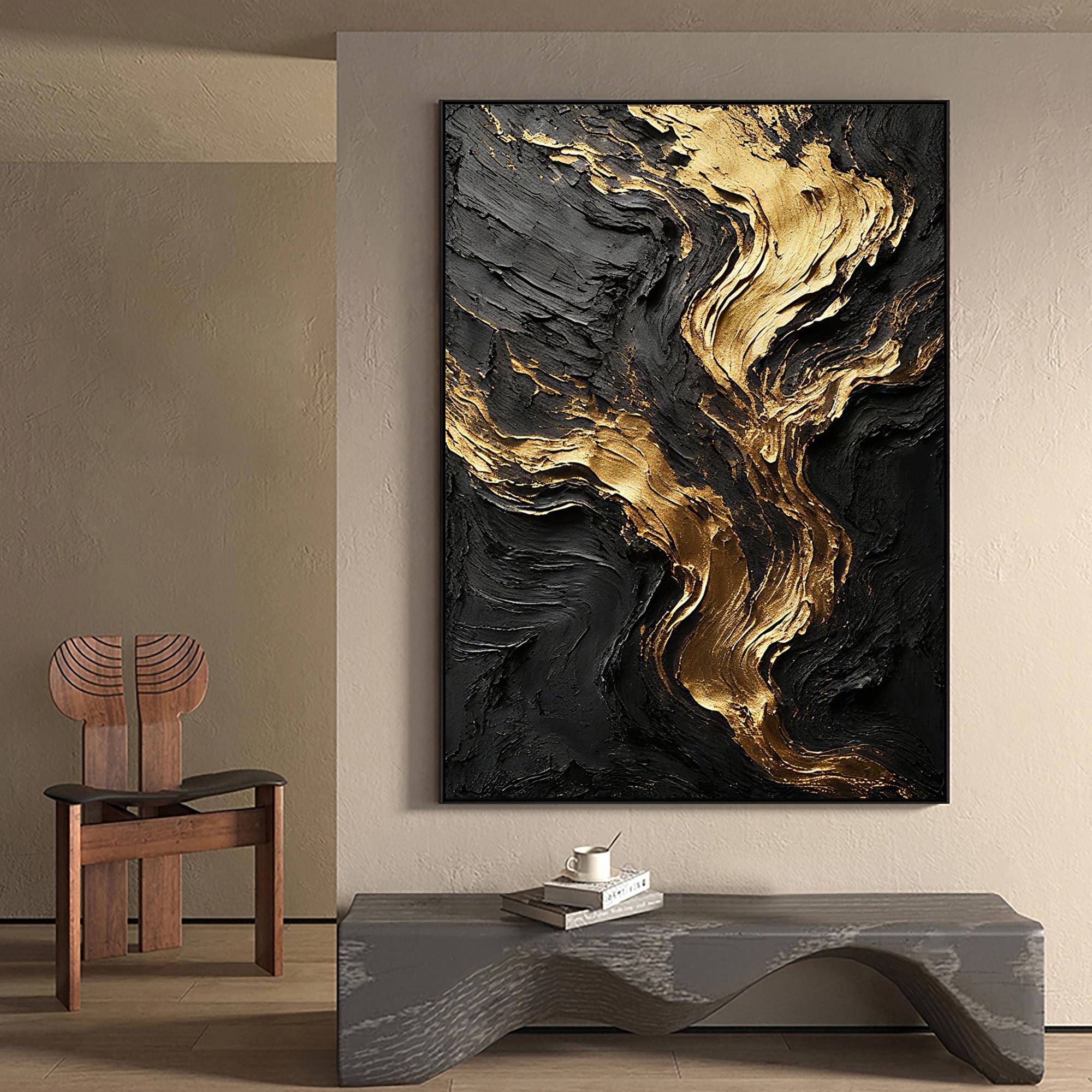 Original Handmade Black and Gold Flow Texture Oil Painting, Abstract ...