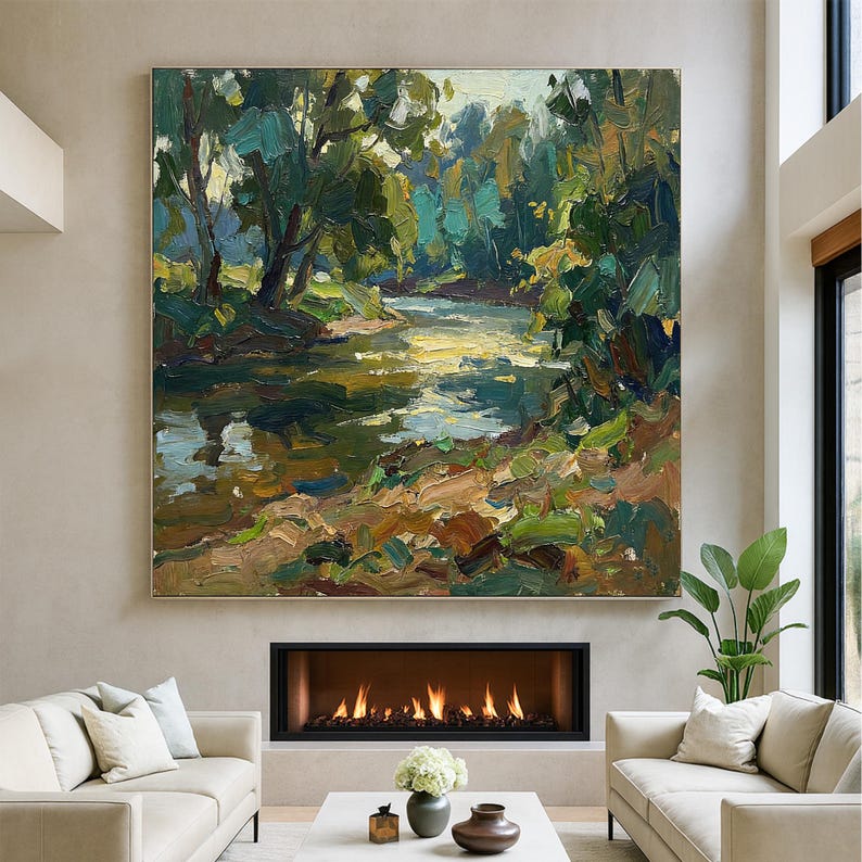 Original Forest River Oil Painting, Textured Landscape Wall Art, Green ...