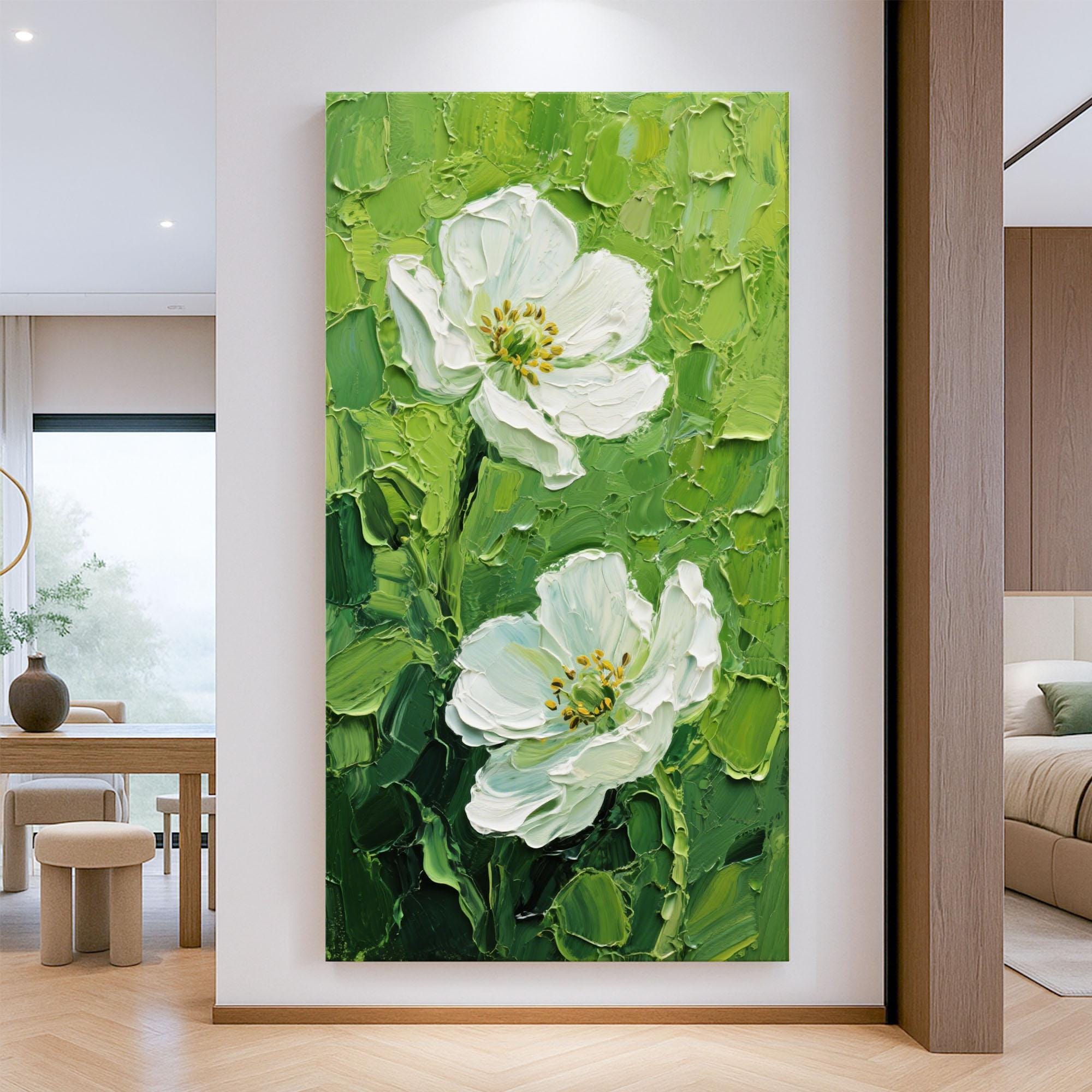 テクスチャのある白い花の油絵：3D花植物アート - Etsy 日本