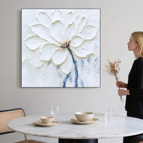 油絵 絵画【白い花道】 テクスチャ加工された白い花の油絵：3D花びらの花の壁アート - Etsy 日本