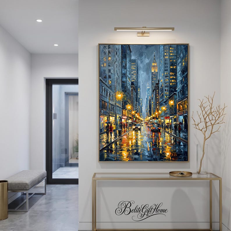 Original Hand-painted City Street Night Scene Oil Painting, Rainy Urban ...