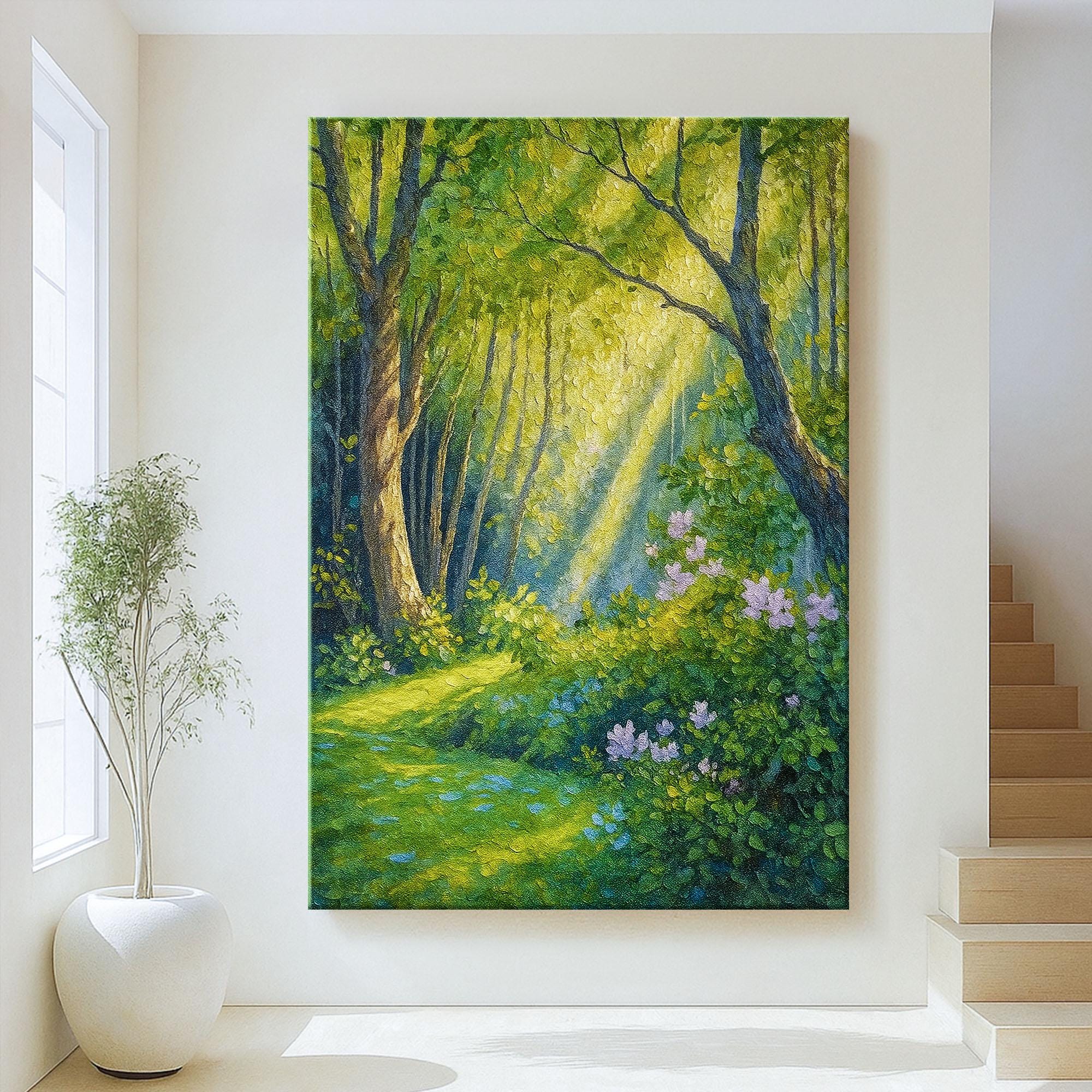 日光の森の小道の油絵：オリジナルの森の風景画 - Etsy 日本