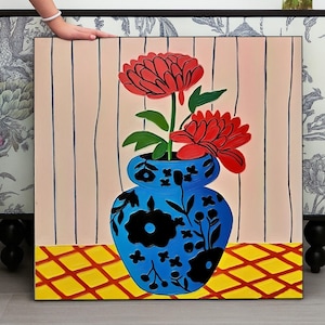 Floral Still Life Painting on Canvas, Bold Blue Vase and Red Flowers Wall Art Hand Painted Minimalist Botanical Artwork for Home Decor