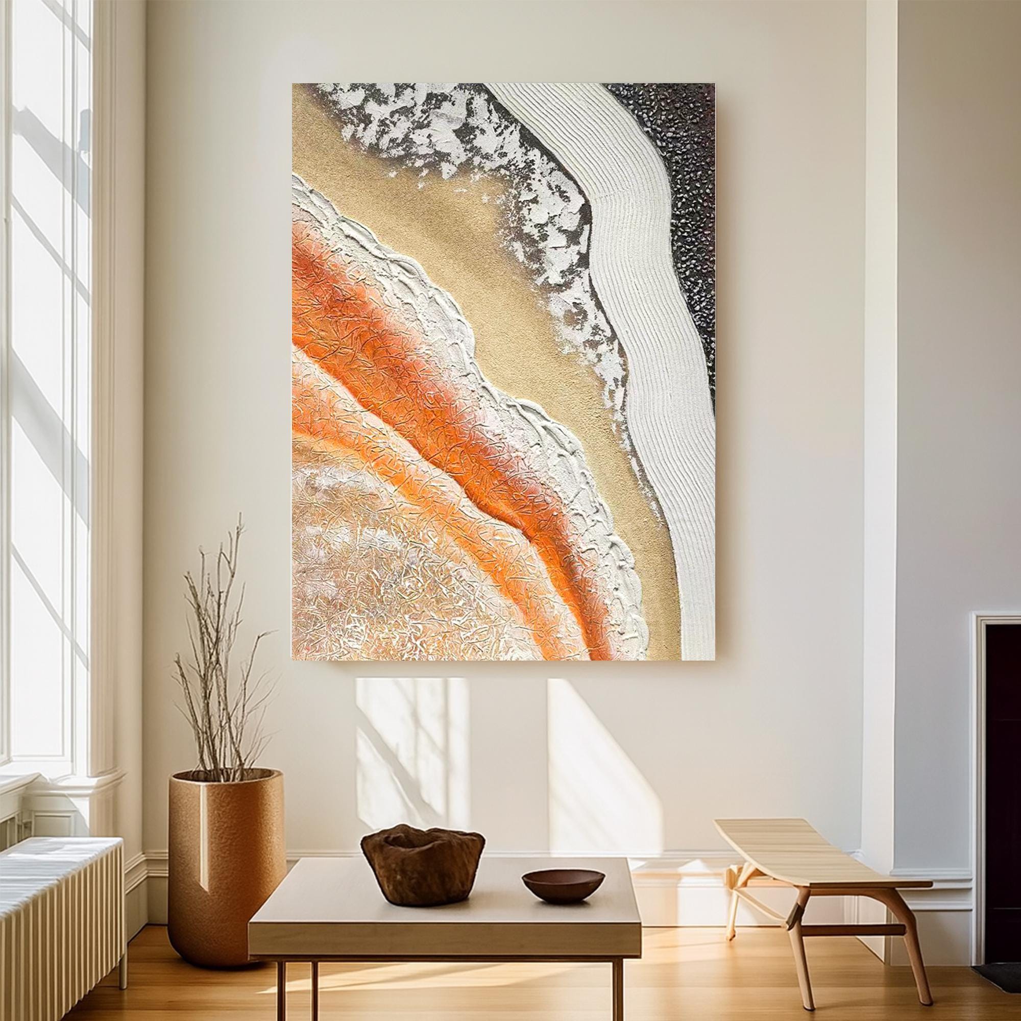 Textured Abstract Oil Painting on Canvas: Earthy Orange 3D Sand