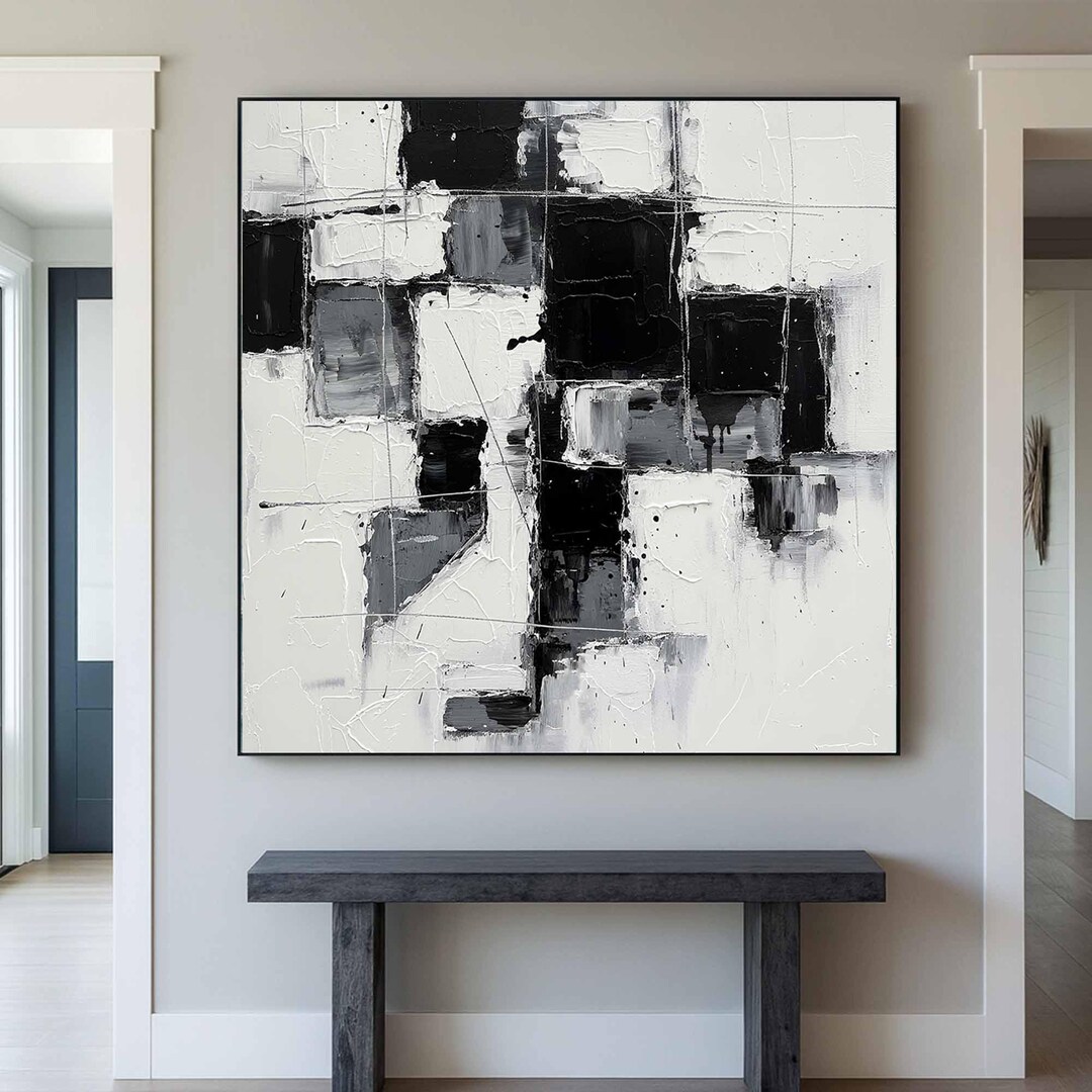 Original Black and White Abstract Oil Painting, Hand Painted Textured ...