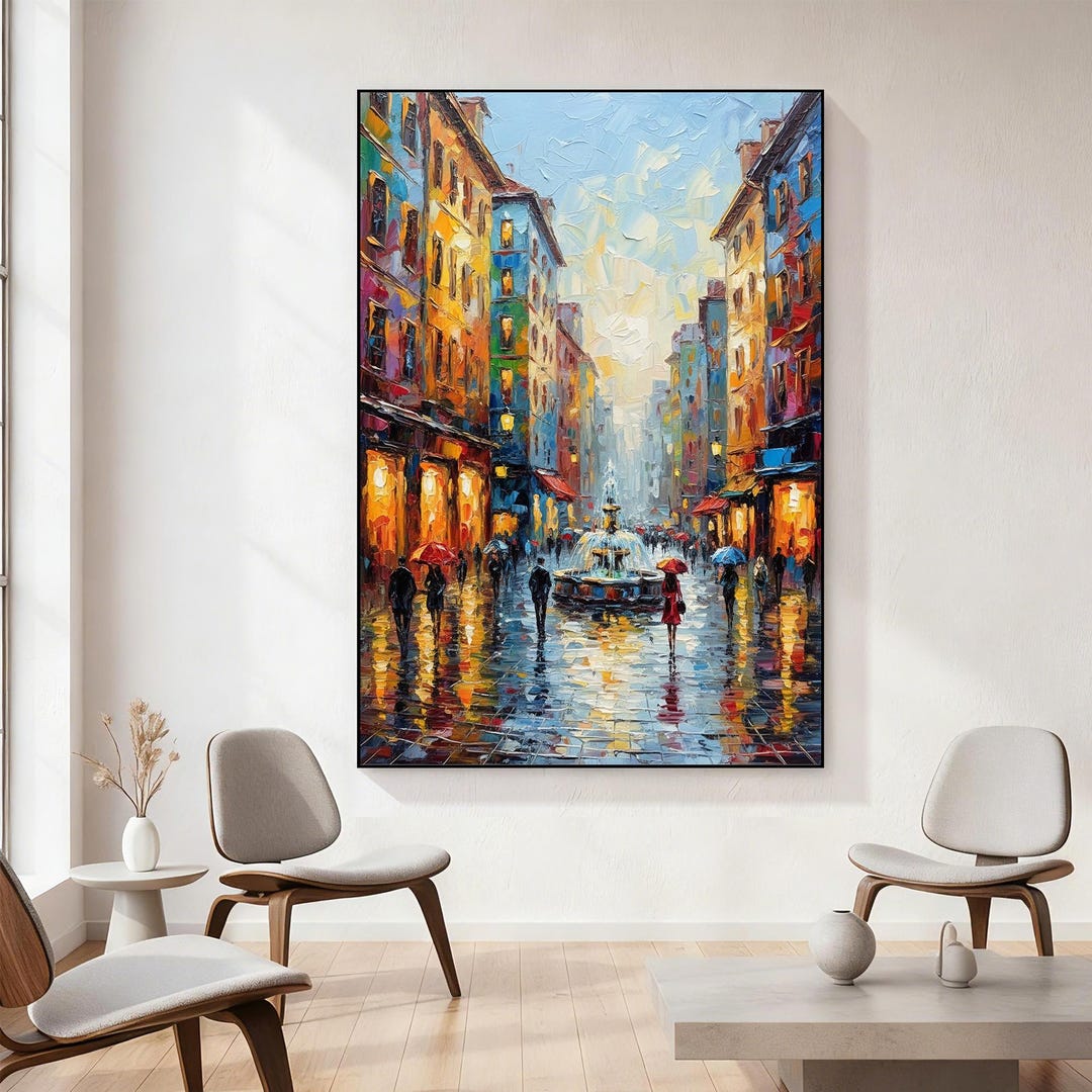 Original City Fountain Oil Painting, Hand-painted Urban Street Scene ...