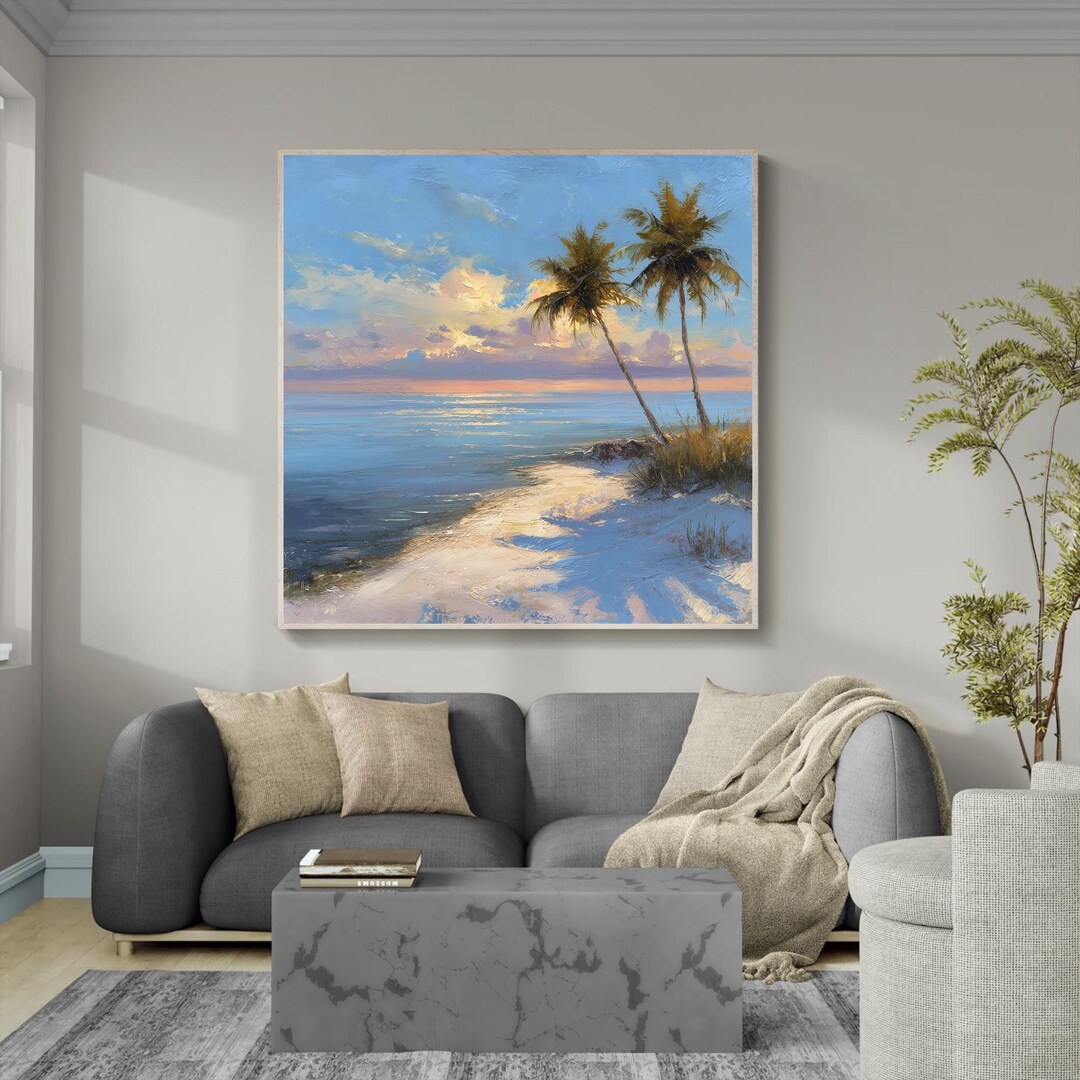 Original Hand Painted Coastal Sunset Oil Painting, Palm Tree Beach ...