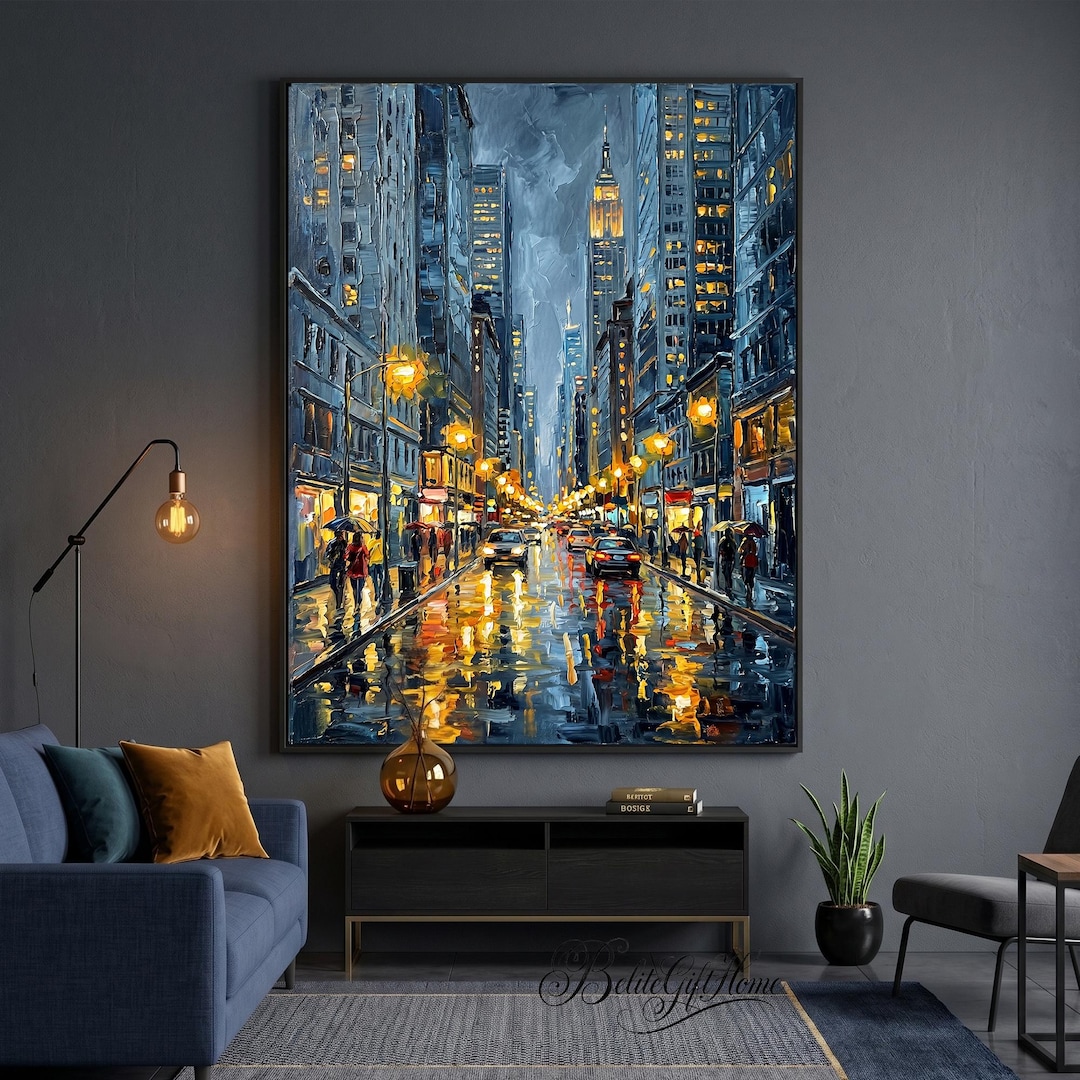 Original Hand-painted City Street Night Scene Oil Painting, Rainy Urban ...