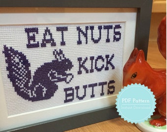 Squirrel Girl Cross Stitch Pattern - Eat Nuts Kick Butts - Marvel Comics