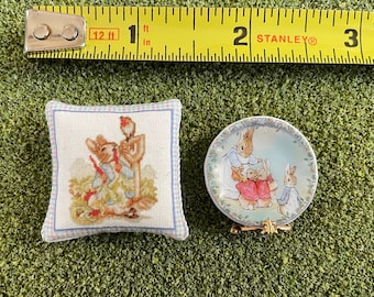 1:12 Miniature Dollhouse Peter Rabbit Pillow, Plate, & Plate Stand (3 Pcs)