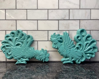 Vintage Turquoise Chalkware Roosters (Set of 2)