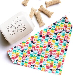 May include: A white dog bandana with a colorful, repeating pattern of the words "It's My Birthday" and stars. The bandana is on a white surface with dog biscuits scattered around it.