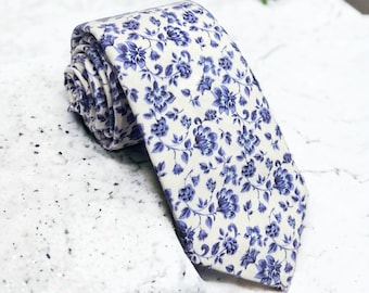 Floral Dusty Blue Necktie, Mens Wedding Tie, Groomsmen Tie for Men