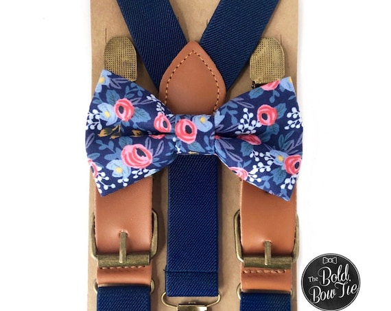 Floral Bow Tie & Navy Suspenders, Buckle Suspenders, Ring Bearer Outfit, Mother's Day, Wedding Suspenders, Mens Bow Ties, Leather Suspenders