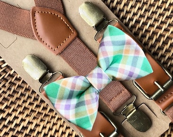 Purple Green Easter Bow Tie & Suspenders for Boys Easter Outfit Spring Bow Tie Boy Easter Bowtie Easter Toddler Bow Tie 1st Easter