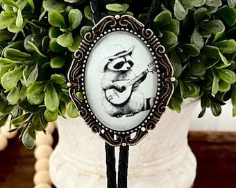 Bolo Tie with Raccoon Western Wedding Mens Jewelry, Cowboy Jewelry for Men Gifts for Men Gift for Him Western Gifts