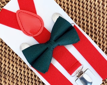 Hunter Green Bow Tie & Red Suspenders Christmas Bow Tie Christmas Outfit Boys Bow Tie Suspenders Toddler Suspenders Baby Bow Ties
