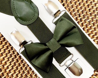 Satin Olive Green Bow Tie & Suspenders — PERFECT Boho Wedding Bowtie, Ring Bearer Gift, Toddler, Men, Rustic Wedding, Groomsmen