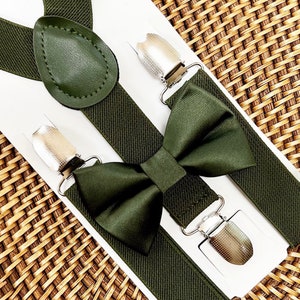 Satin Olive Green Bow Tie & Suspenders — PERFECT Boho Wedding Bowtie, Ring Bearer Gift, Toddler, Men, Rustic Wedding, Groomsmen