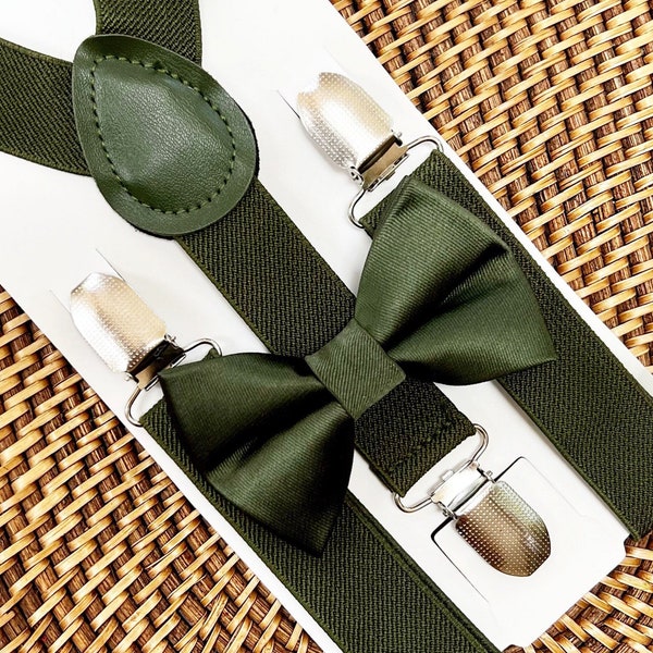 Satin Olive Green Bow Tie & Suspenders — PERFECT Boho Wedding Bowtie, Ring Bearer Gift, Toddler, Men, Rustic Wedding, Groomsmen