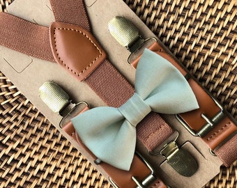 Sage Bow Tie & Brown Suspenders, Sage Green Wedding, Ring Bearer Gift, Boho Wedding, Bow Ties for Men, Ring Bearer Outfit, Sage Bowtie