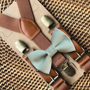 Sage Bow Tie & Brown Suspenders, Sage Green Wedding, Ring Bearer Gift, Boho Wedding, Bow Ties for Men, Ring Bearer Outfit, Sage Bowtie image 1