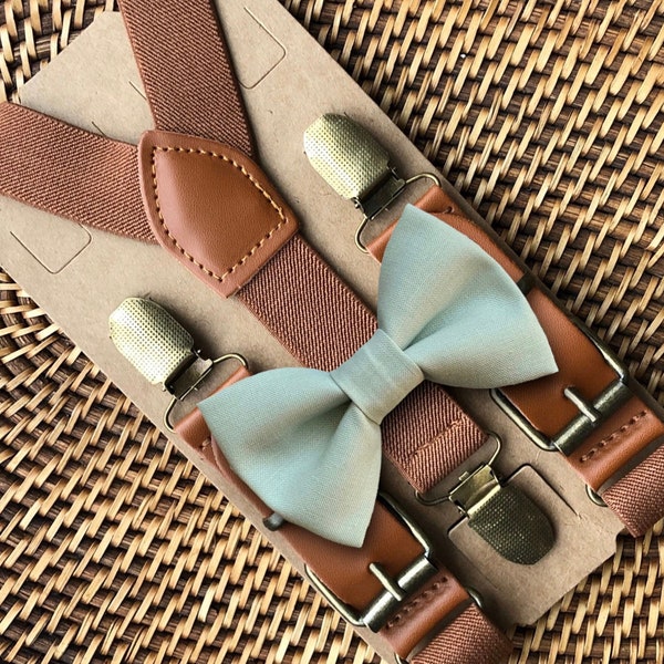 Sage Bow Tie & Brown Suspenders, Sage Green Wedding, Ring Bearer Gift, Boho Wedding, Bow Ties for Men, Ring Bearer Outfit, Sage Bowtie