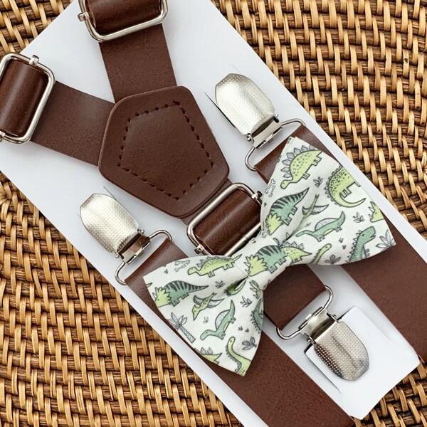 Dinosaur Bow Tie & Brown Suspenders Set, Ring Bearer Outfit Gift