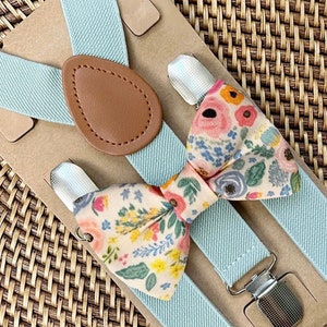 Floral Bow Tie and Sage Suspenders Set, Boho Wedding Outfit Groomsmen Ring Bearer