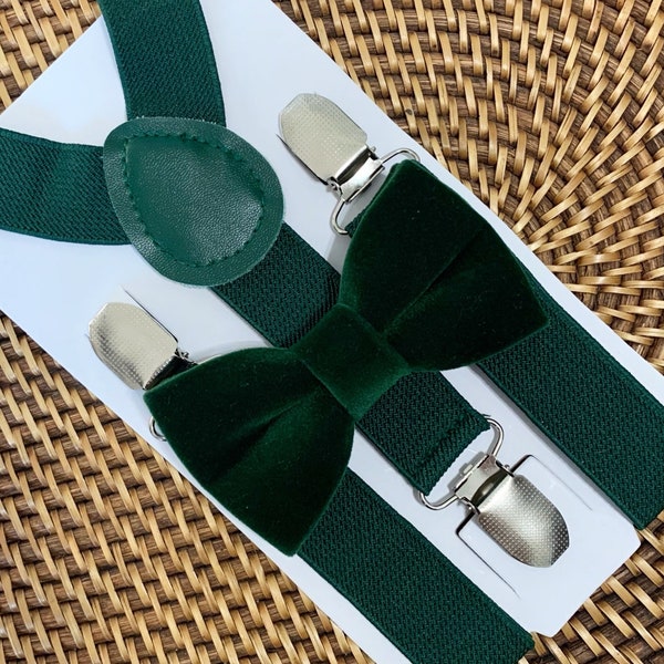 Dark Green Velvet Bow Tie & Suspenders, Ring Bearer Outfit, Groomsmen Bow Tie Suspenders, Green Bow Tie, Bow Ties for Men, Bow ties