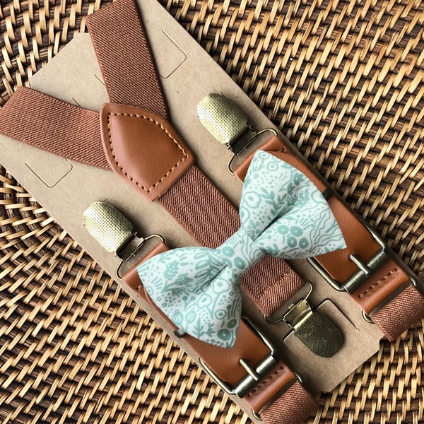 Sage Green Bow Tie & Cognac Suspenders Bow Ties for Ring Bearer Outfit, Moss Boho Wedding, Bow Ties for Men, Sage Bow Tie, Sage Bowtie
