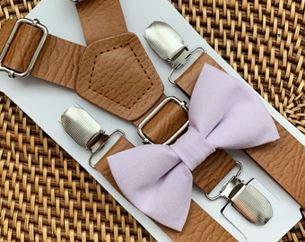 Iris Bow Tie & Vegan Leather Suspenders, Bow Ties for Men, Groomsmen Suspenders, Purple Groomsmen Bow Tie, Lavender Ring Bearer Outfit