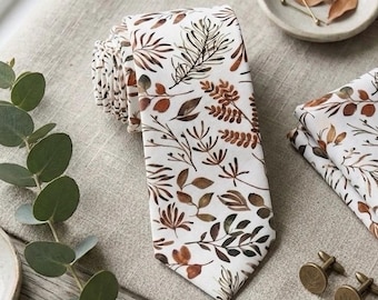 Burnt Orange Floral Tie for Men, Autumn Groomsmen Ties Fall Wedding Outfit Necktie