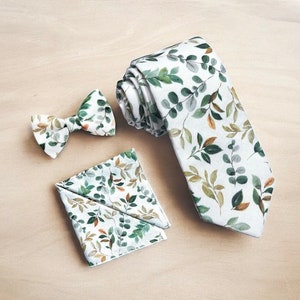 Sage Green Floral Tie, Floral Print Bowtie, Bow Tie for Groomsmen, Pocket Square and Ties, Eucalyptus Sage Bowtie for Wedding, Gift for Him