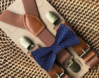 Navy Polka Dot Bow Tie and Brown Suspenders, Wedding Outfit Groomsmen Ring Bearer Groom