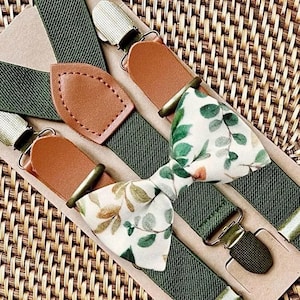 Floral Sage Bow Tie & Olive Leather Suspenders, Floral Bow Ties for Men Gift or Boys Bow Tie for Ring Bearer Outfit, Wedding Party Present