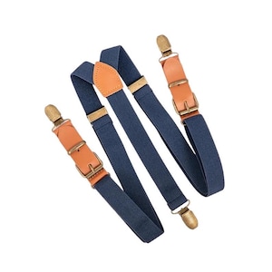 Navy Suspenders w/ Brass Clips, Leather Suspenders Ring Bearer Outfit, Boho Wedding Suspenders, Groomsmen Suspenders Men, Groomsmen Gift