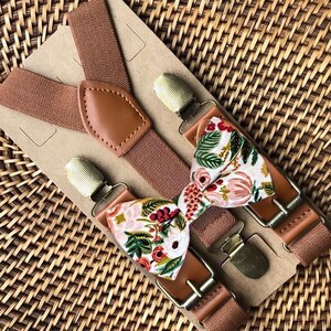 Floral Bow Tie & Brown Suspenders Set, Groomsmen Ring Bearer Wedding Groom Outfit