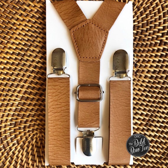 Vintage Tan Mens Rustic Wedding Leather like Suspenders for Men Groomsmen Suspenders Groomsmen Gift Wedding Suspenders Ring Bearer Outfit