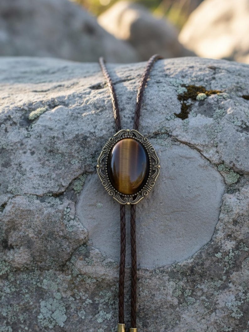 Tiger’s eye bolo tie on a rustic rock.