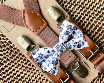 Bow Tie and Suspenders Set for Men Boys: Blue Floral, Brown Leather - Ring Bearer Style