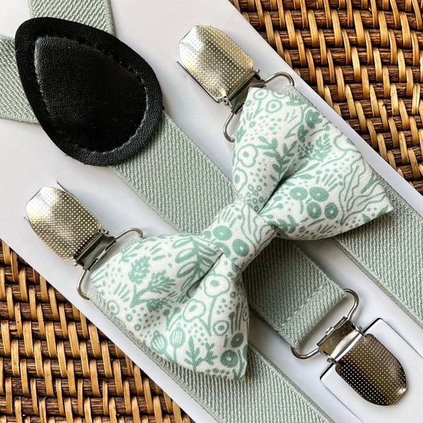 Sage Green Floral Bow Tie & Sage Suspenders- PERFECT for a Beach Wedding, Groomsmen, Ring Bearer Outfit, Ring Bearer Gift