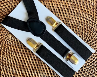 Tirantes negros con clips dorados - PERFECTO para un traje de portador de anillo, Page Boy, Cake Smash, Padrinos de boda, Boda, Bebé, Niño pequeño, Hombres, TODOS LOS TAMAÑOS