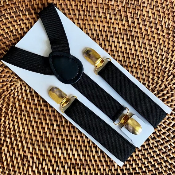 Black Suspenders with Gold Clips Gift for Him Handmade Rustic Wedding Belt Groomsmen Groom, Ring Bearer Gift for Boy Child