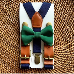 Dark Green Bow Tie & Faux Leather Suspenders, Ring Bearer Outfit, Christmas Outfit, Bow tie for Men, Women, Boys, Girls, Toddlers, Wedding