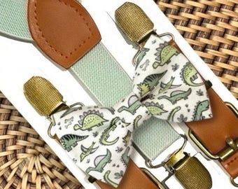 Pajarita de dinosaurio y tirantes verdes, traje de portador de anillos con pajarita verde salvia