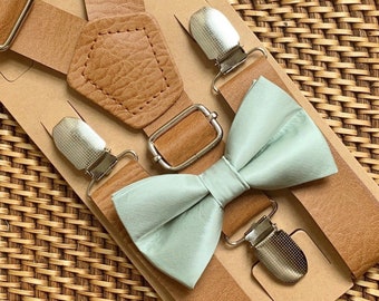 Eucalyptus Sage Green Bow Tie & Faux Leather Suspenders, Dusty Sage Bow Tie, Bohemian Rustic Wedding, Ring Bearer Gift, Ring Bearer Outfit